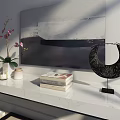 Modern Entryway Console Table And Side Cabinet With White Chairs Vase Plant And Blue Rug