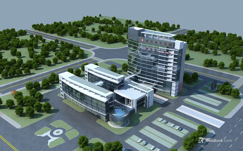 Modern Hospital Building Exterior With Glass Facade Surrounding Trees Parking Lot And Greenery 3d model 