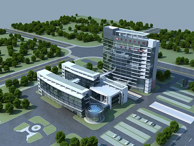 Modern Hospital Building Exterior With Glass Facade Surrounding Trees Parking Lot And Greenery 3d model
