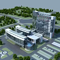 Modern Hospital Building Exterior With Glass Facade Surrounding Trees Parking Lot And Greenery