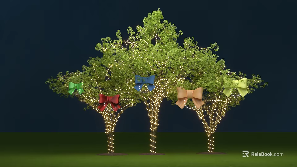 Decorated Trees With String Lights And Colorful Bows In Dark Background 3d model 
