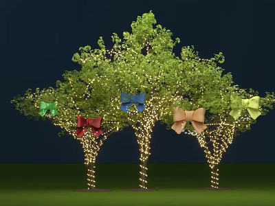 Decorated Trees With String Lights And Colorful Bows In Dark Background 3d model