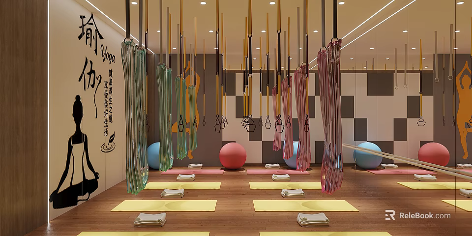 Yoga Fitness Studio With Colorful Hammocks Balls And Mats On Wooden Flooring 3d model 