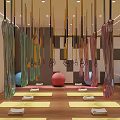 Yoga Fitness Studio With Colorful Hammocks Balls And Mats On Wooden Flooring