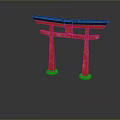 Traditional Red Torii Gate with Black Top Beam White Base and Reflective Surface