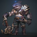 Shark Themed Doll With Muscular Design Metal Armor Chain Details And Hook Weapon
