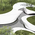 Modern Curved White Landscape Wall With Greenery Trees And Paved Path Design 3d model