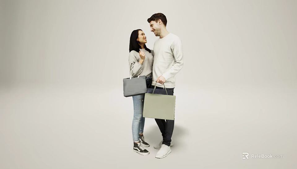 Two People Talking While Holding Shopping Bags In Casual Outfits 3d model 