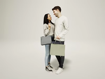 Two People Talking While Holding Shopping Bags In Casual Outfits 3d model
