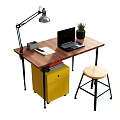 Modern Wooden Desk and Stool Set with Black Metal Legs Lamp Laptop and Yellow Cabinet