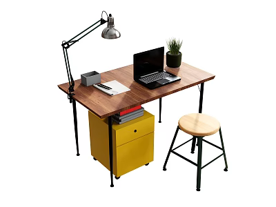 Modern Wooden Desk and Stool Set with Black Metal Legs Lamp Laptop and Yellow Cabinet 3d model