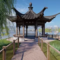 Scenic Lakeside Park Landscape With Pavilion Willow Trees And Wooden Boardwalk