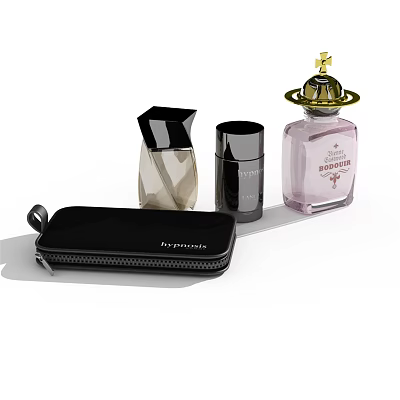 Perfume Cosmetics Collection With Stylish Fragrance Bottles And Black Makeup Pouch 3d model