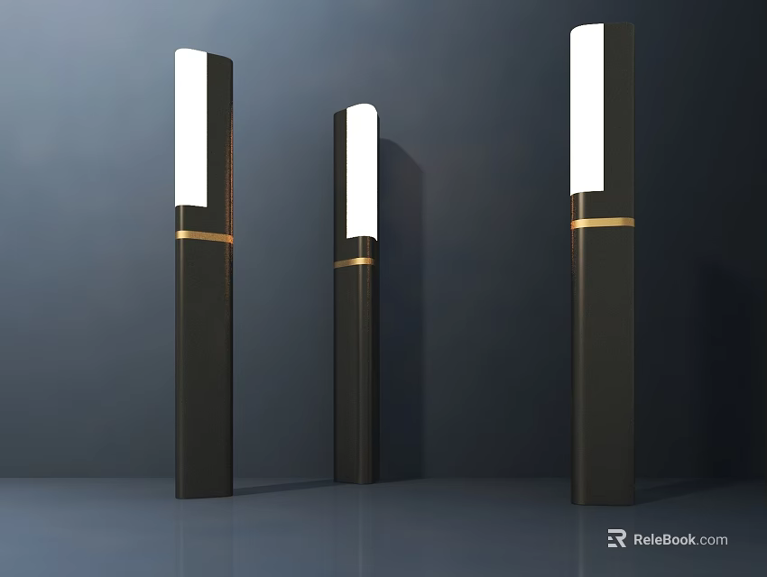 Modern Black Column Outdoor Lights With Gold Accent And Top White Light 3d model 
