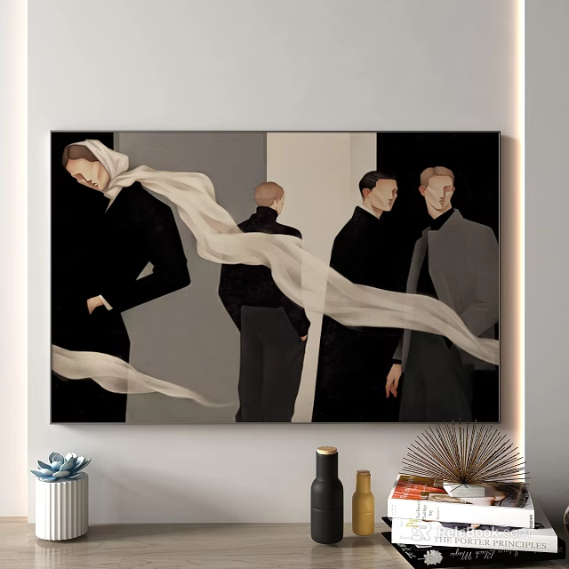 Figurative Painting Featuring Four Black Clad Figures White Ribbon On White Wall With Decorations 3d model 