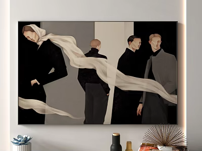 Figurative Painting Featuring Four Black Clad Figures White Ribbon On White Wall With Decorations 3d model