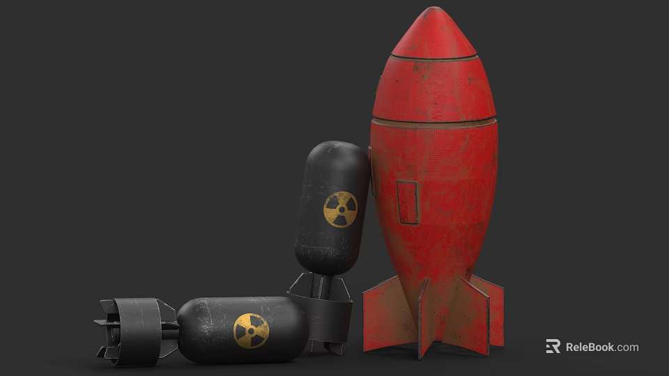 3D Carved Red Rocket And Black Bomb Sculptures With Radioactive Symbols 3d model 