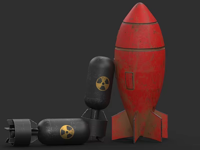3D Carved Red Rocket And Black Bomb Sculptures With Radioactive Symbols 3d model