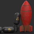 3D Carved Red Rocket And Black Bomb Sculptures With Radioactive Symbols