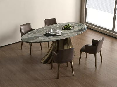 Modern Dining Table Set With Marble Top Metal Base And Brown Leather Chairs 3d model
