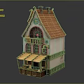 European Style Architecture With Red Tiled Roof Attic Window Arched Doorway And Red Awning