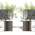 Modern Building Exterior Wall With Gray Stone Curved Glass Metal Accents And Green Plants