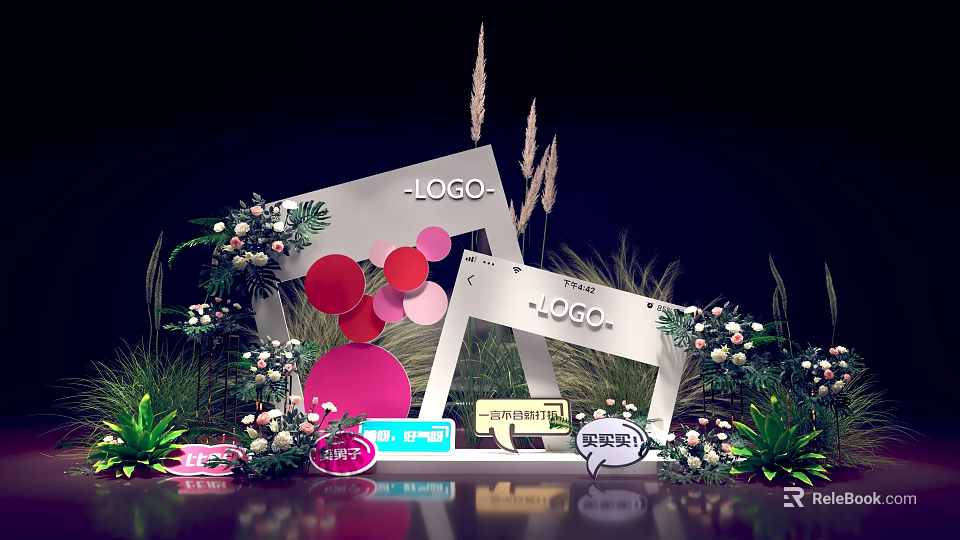 Decorative Check in Photo Spot With LOGO Signs red pink circles green plants and flowers 3d model 