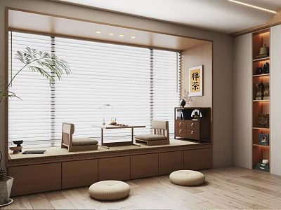 Japanese Style Room With Tatami Seating Window Blinds Wooden Tea Table Floor Cushions And Bookshelf 3d model