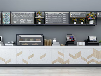 Modern Reception Desk With Geometric Wooden Accents And Pastry Display Case 3d model