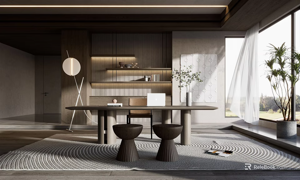 Modern Study Room Interior With Writing Desk Chair Bookshelf Floor Lamp And Patterned Rug 3d model 