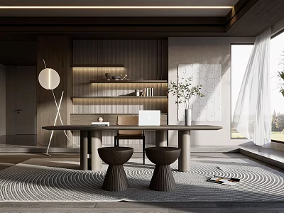 Modern Study Room Interior With Writing Desk Chair Bookshelf Floor Lamp And Patterned Rug 3d model