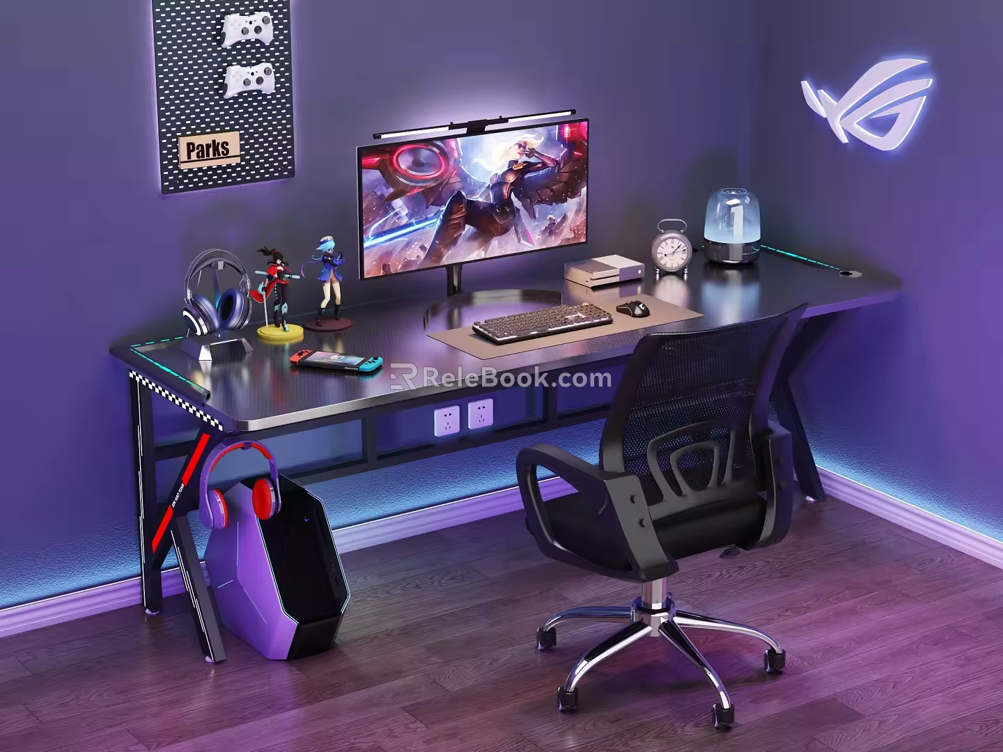 Modern E-sports Table and Chair E-sports Room Computer Table and Chair Corner Computer Table Cyberpunk Computer Ornaments Combination Computer Chair Computer Host Monitor Wall Decoration 3d model