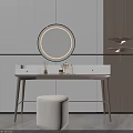 Modern Dressing Table With Round Mirror White Countertop Drawer And Padded Stool 3d model