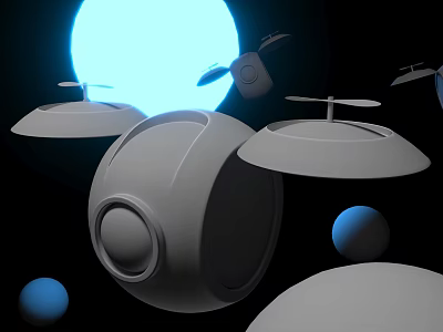Intelligent Machines With Spherical And Disc Shaped Designs Under Blue Light 3d model