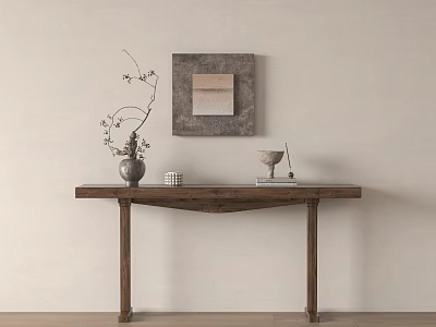 Wooden Console Table With Decorative Vase Wall Art And Stylish Design 3d model
