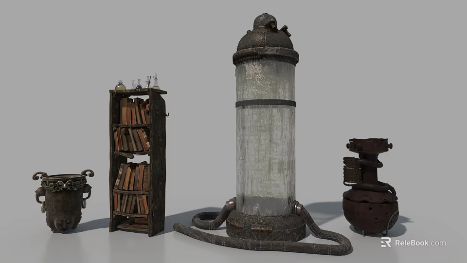 Antique Wooden Bookshelf Filled With Old Books And Vintage Decor Items 3d model 