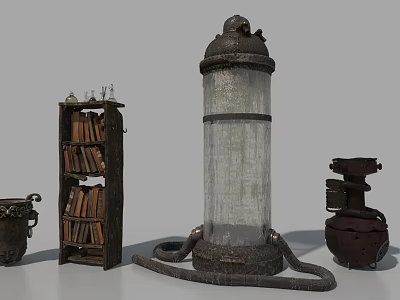 Antique Wooden Bookshelf Filled With Old Books And Vintage Decor Items 3d model