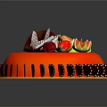 Red Cake Decorated With Fresh Fruits Chocolate Slices And Golden Base