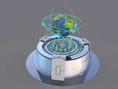 Futuristic Globe Device With Blue Orbital Lines And Metallic Base 3d model