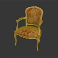 Accent Chair with Red Floral Upholstery Golden Carved Frame and Armrests in Classic Design