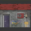 Small Building Structure With Red Roof Purple Door Graffiti On Walls And Red Roller Shutter