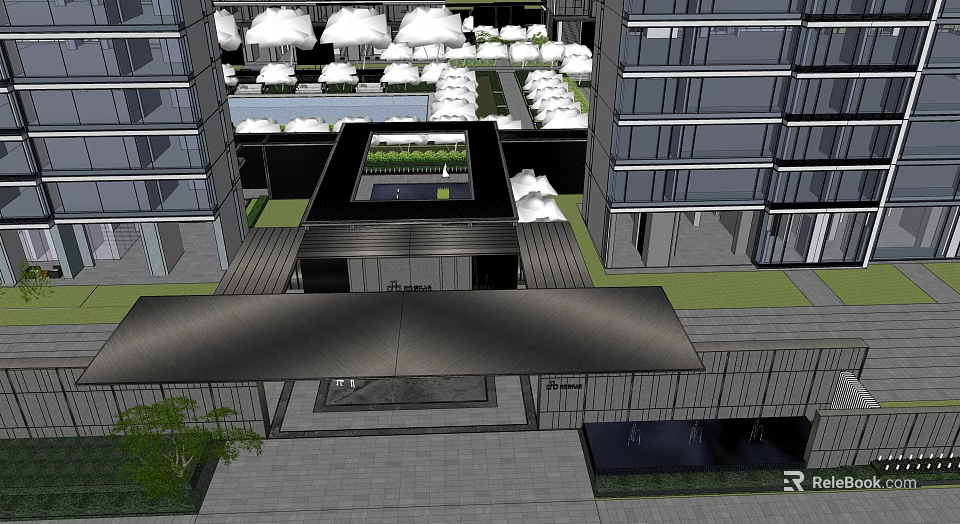 Modern Entrance Gate Design With Landscaped Garden Open Courtyard And Glass Facade 3d model 