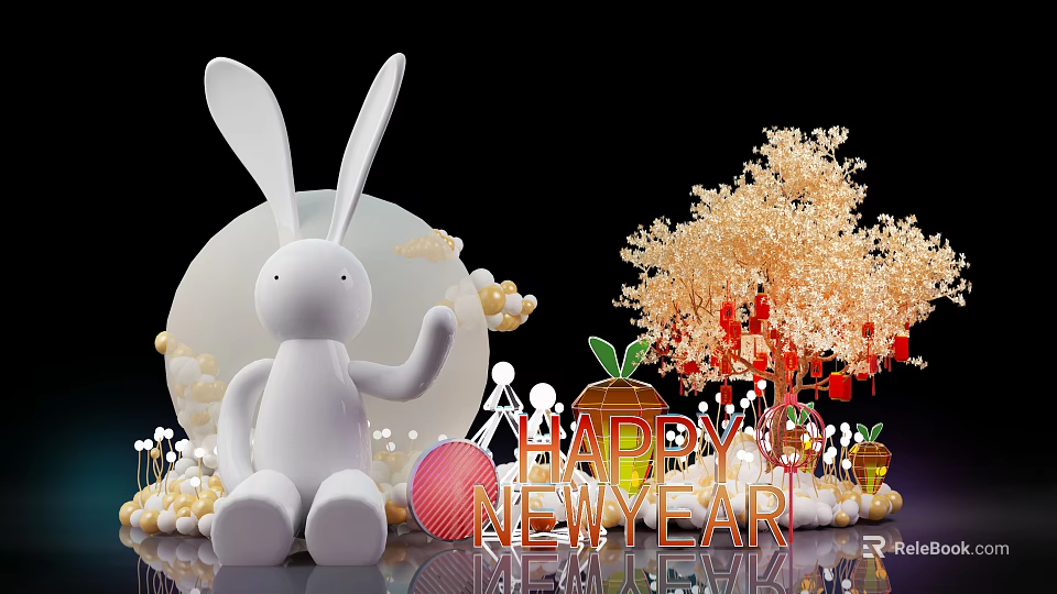 White Rabbit Figure And Golden Tree Decoration For Happy New Year Celebration With Carrot Ornaments 3d model 