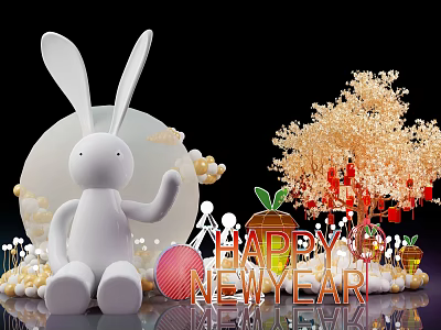 White Rabbit Figure And Golden Tree Decoration For Happy New Year Celebration With Carrot Ornaments 3d model