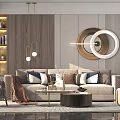 Modern Sofa And Coffee Table Set With Throw Pillows Circular Wall Decor And Pendant Lights 3d model