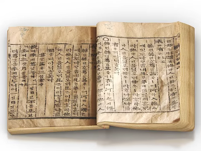 Ancient Open Book With Yellowed Pages And Vertical Chinese Characters 3d model