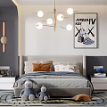 Modern Kids Room Interior With Bed Chandelier Rug Stuffed Toys Decorative Painting And Storage Cabinets