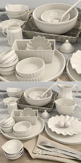 Elegant White Ceramic Dinnerware Set With Bowls Plates Mugs And Wicker Basket 3d model 