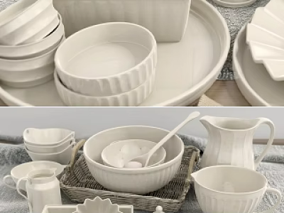 Elegant White Ceramic Dinnerware Set With Bowls Plates Mugs And Wicker Basket 3d model