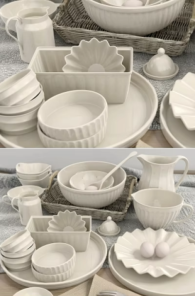 Elegant White Ceramic Dinnerware Set With Bowls Plates Mugs And Wicker Basket 3d model